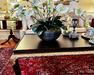 Modern Rosewood Finish Top, Gold Painted Base with Claw Feet, Large Silk Orchid Arrangement