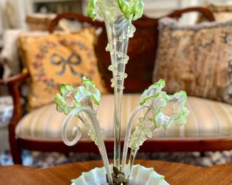 Antique Victorian Opalescent Green and Clear Glass Art Epergne