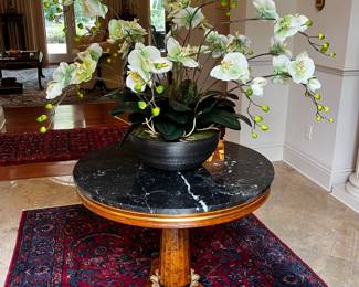 Empire Style Black with White Veining Top. Burlwood Frame, Gold Painted Base