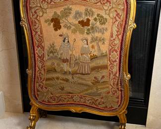 Early 20th Century Needlepoint Panel, Trestle Base, Gold Painted Rocco Style Frame Fireplace Screen