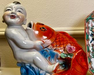 One of Pair of Asian Lucky/Wealthy Baby Koi Fish Chinoiserie Statues