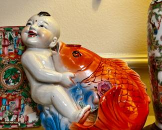 Second of Pair of Asian Lucky/Wealthy Baby Koi Fish Chinoiserie Statues