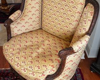 One of Pair of Louis XVI Style Bergeres/Armchairs of Beechwood Foliate Carved Frames