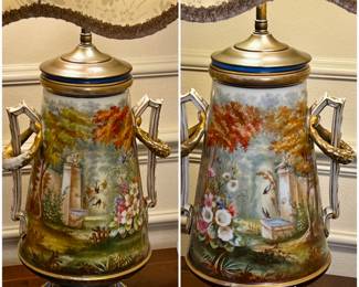 Pair of French Porcelain 19th Century Hand Painted Landscape Scenes with Angular Wreath Handles
