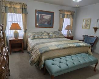 Mid-Century, French Provincial bedroom suite by Dauphine Kent-Coffey includes chest, dresser, mirror and 2 nightstands. King bed includes upholstered headboard, mattress, box spring, and bed frame.