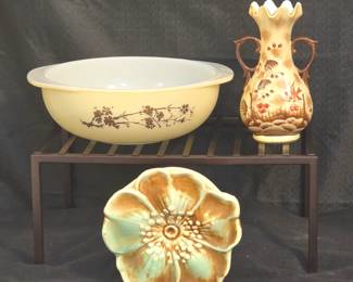 vintage: PYREX - Golden Branch pattern, McCoy Pottery Magnolia Leaf vase, oriental vase