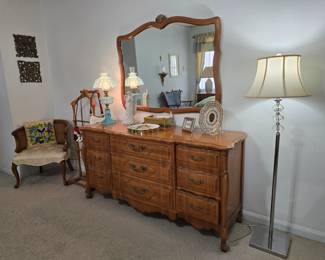 Mid-Century, French Provincial maple bedroom suite by Dauphine Kent-Coffey includes chest, dresser, mirror and 2 nightstands.