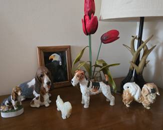 sweet collection of ceramic dogs, antler-base lamp