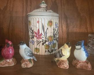lidded jar hand-painted in Italy and cute birdie salt & pepper shakers