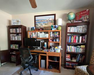 2 matching book shelves (one with bottom cabinet), DVDs, CDs, books, office supplies, etc