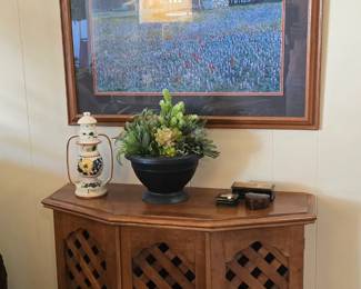 solid maple wood, Mid-century, lattice design storage cabinet, and a nicely framed blue bonnet print by G. Boutwell (George Boutwell) #242/500