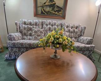 vintage couch with good bones! vintage maple coffee table with Lazy Susan swivel top!