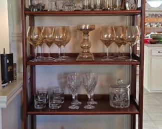 Glassware, crystal, cut glass serving dishes, candy jar, wine glasses, and more!