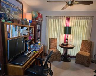 Desk, office equipment, monitor, 2 desk chairs, 1965 Econodraft globe, and more!