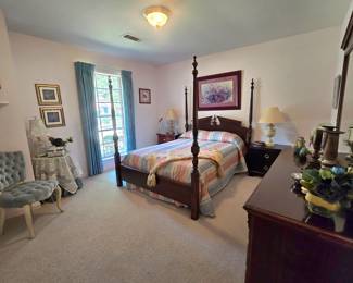 2 nightstands, curtains, wall art, occasional table and chair