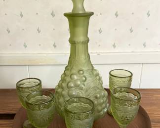 Vintage green grape decanter set, possibly "Raised Harvest" by Imperial glass