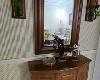 solid maple wood Mid-century storage cabinet, wall mirror, and sconces