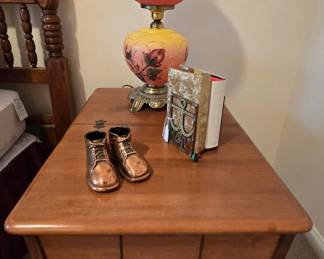 Mid-century storage box nightstand, antique, hand-painted rose lamp