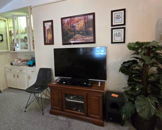 TV Stand and TV, large selection of wall art