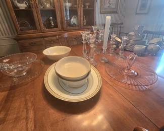 China platter, China serving bowls with names like Lenox, Noritake, Gorham, also a pink depression glass serving platter, and Candlewick bowl & platter