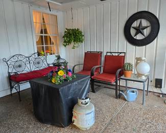 bench, firepit, set of 4 chairs, and other outdoor supplies