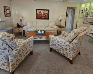 3-cushion sofa by Ethan Allen, 2 La-Z-Boy reclining chairs - all very clean, matching coffee table with 2 end tables, 2 upholstered bar stools, and a leather occasional chair.