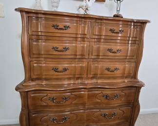 Mid-Century, French Provincial maple bedroom suite by Dauphine Kent-Coffey includes chest, dresser, mirror and 2 nightstands.