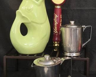 Fun, lime-green gurgle pot fish pitcher, collectible beer tap handle, stainless serving pitchers