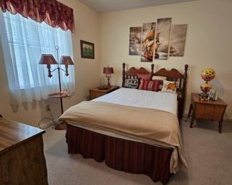 full bed with headboard, mattress and box spring, 2 Mid-century storage box nightstands, vintage lamps, and more!