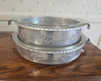 vintage Pyrex stamped aluminum serving bowl caddies