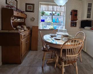 vintage maple hutch with attached drop-leaf serving tables, breakfast table with 4 chairs
