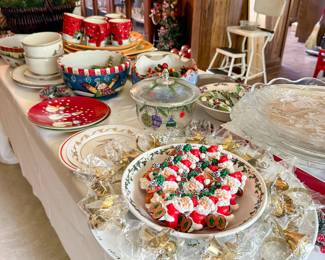 Many Christmas plates, platters, bowls, and more!