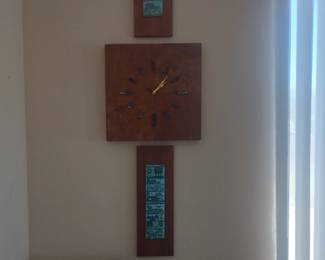 MCM walnut and tile clock and accent pieces by Harris G. Strong.