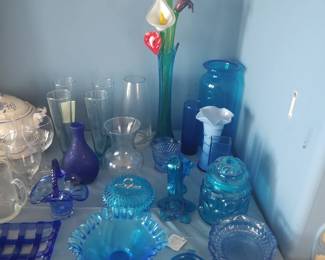 Blue glassware, handblown glass flowers