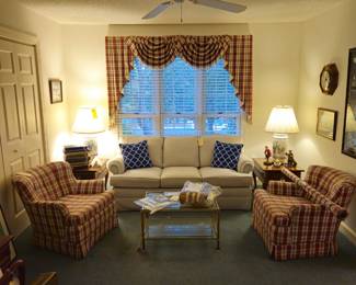 Almost New Queen Sofa Bed, Labarge Brass and Bevel Glass Two Tiered Coffee Table, Pair of Club Chairs with Extra Fabric, Pair of Porcelin Floral Lamps on Cherry End Tables