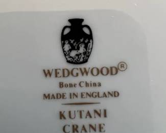 This label shows the Wedgwood Bone China logo, including the "Kutani Crane" mention of the pattern.