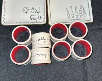 Christmas Themed Ceramic Plates and Napkin rings Set