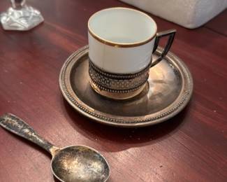 Antique Porcelain Demitasse Cup and Saucer with Silver Holder and Spoon