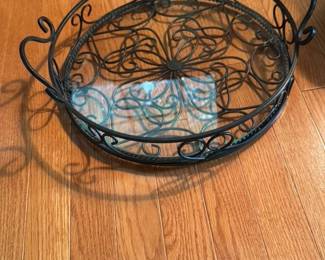 Ornate Scrollwork Metal and Glass Serving Tray with Handles