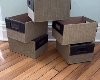 Set of 5 Woven Storage Bins with Faux Leather Handles