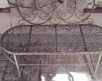 Antique Wrought Iron Garden Bench with Scrollwork Back