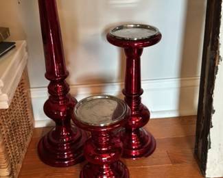Set of 3 Red Glass Pillar Candle holders