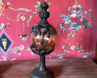 Antique Cast Iron Candle Holder with Amber Glass Globe