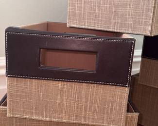 Set of 5 Woven Storage Bins with Faux Leather Handles