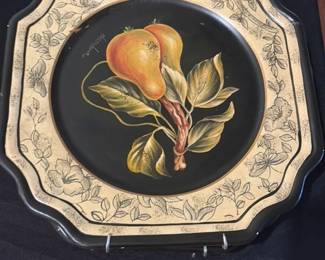 Decorative Metal Serving Tray with Fruit Motifs