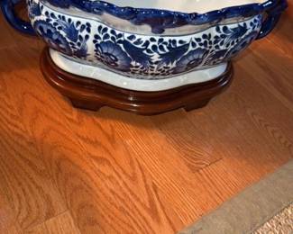 Blue and White Porcelain Planter Bowl with Wooden Stand