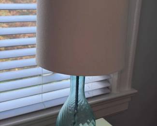 Teal Swirl Glass Table Lamp with Cream Shade