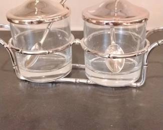 Vintage Glass and Silver Plated Condiment Set with Spoons