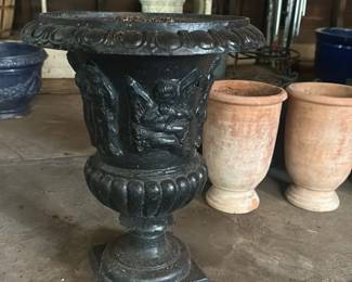 Cast Iron Urn Planter with Cherub Relief