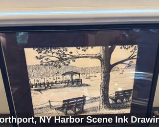 Northport, NY Harbor Scene Ink Drawing